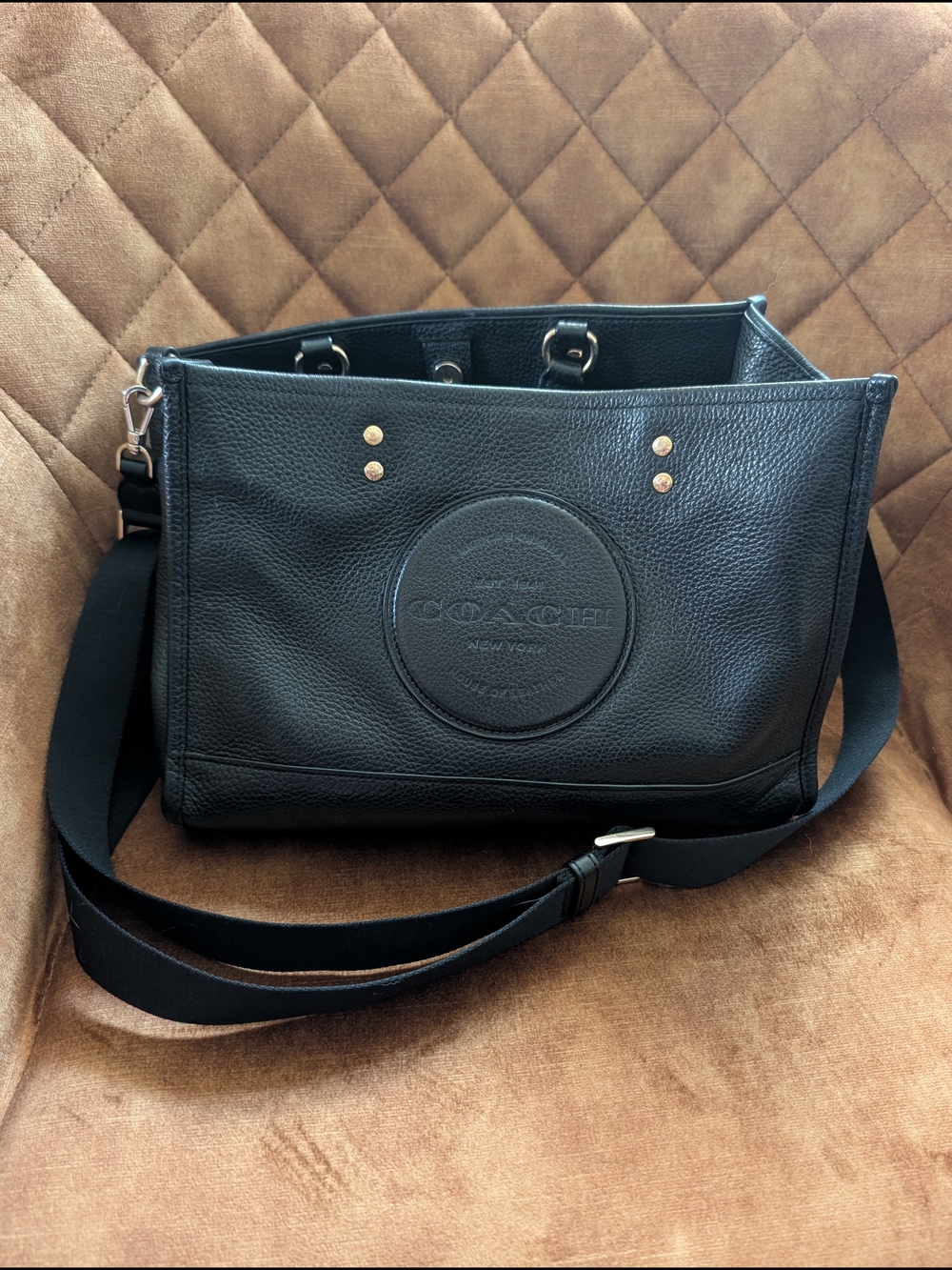 Coach Dempsey Tote in Black Pebbled Leather with Patch - GUC